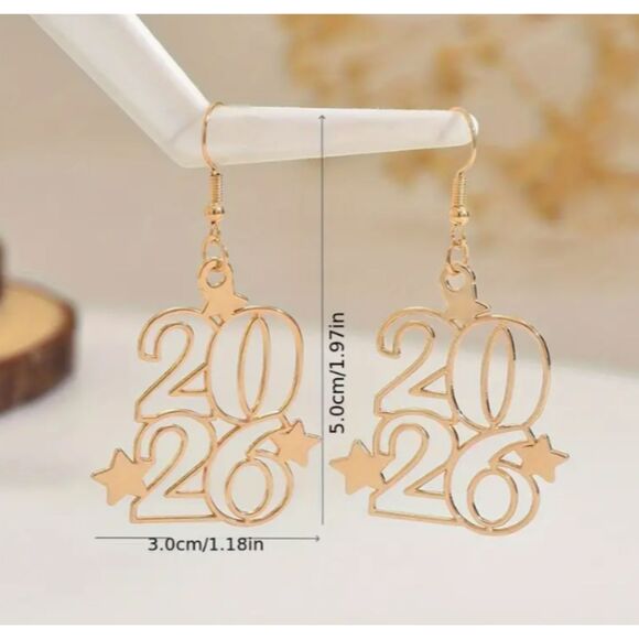 2026 New Year Earrings Gold Hollow - Picture 3 of 4